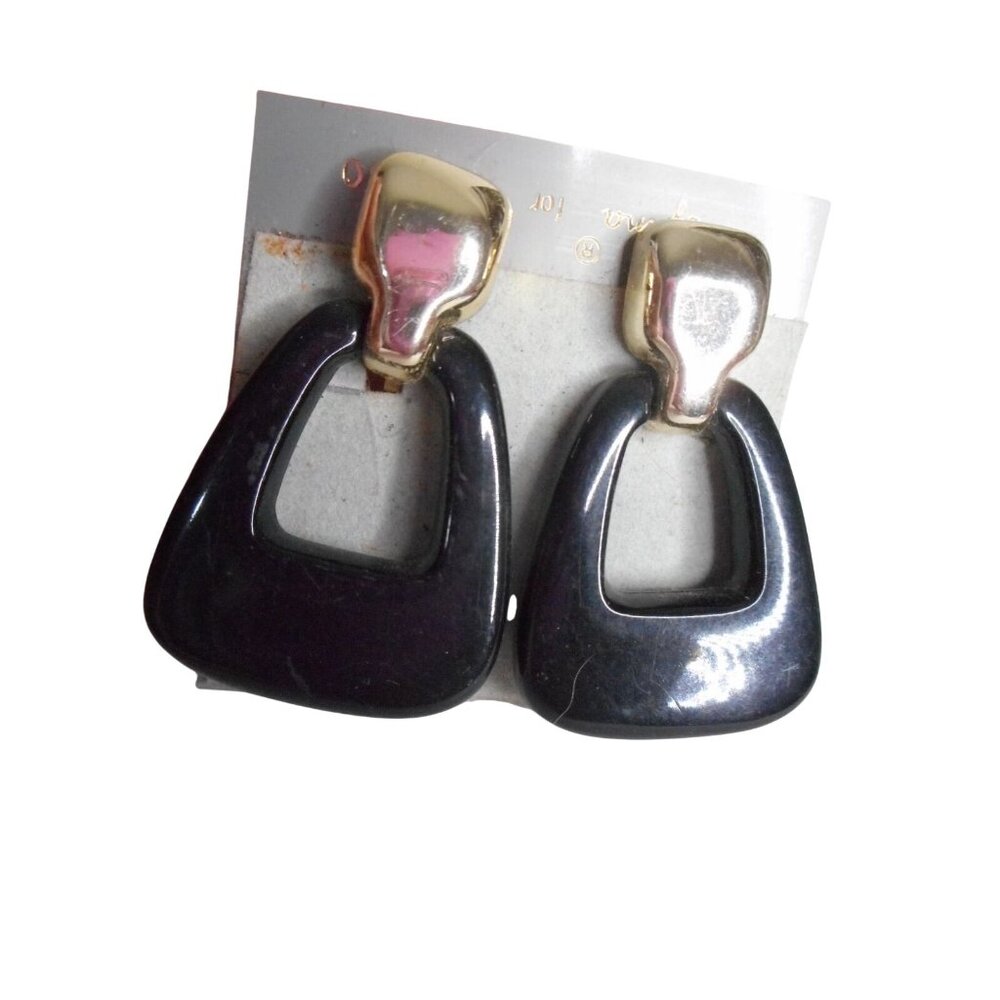 NIB Vintage Black Silver Dangle Bead Earrings 1980s clip on Estate Find Lucite